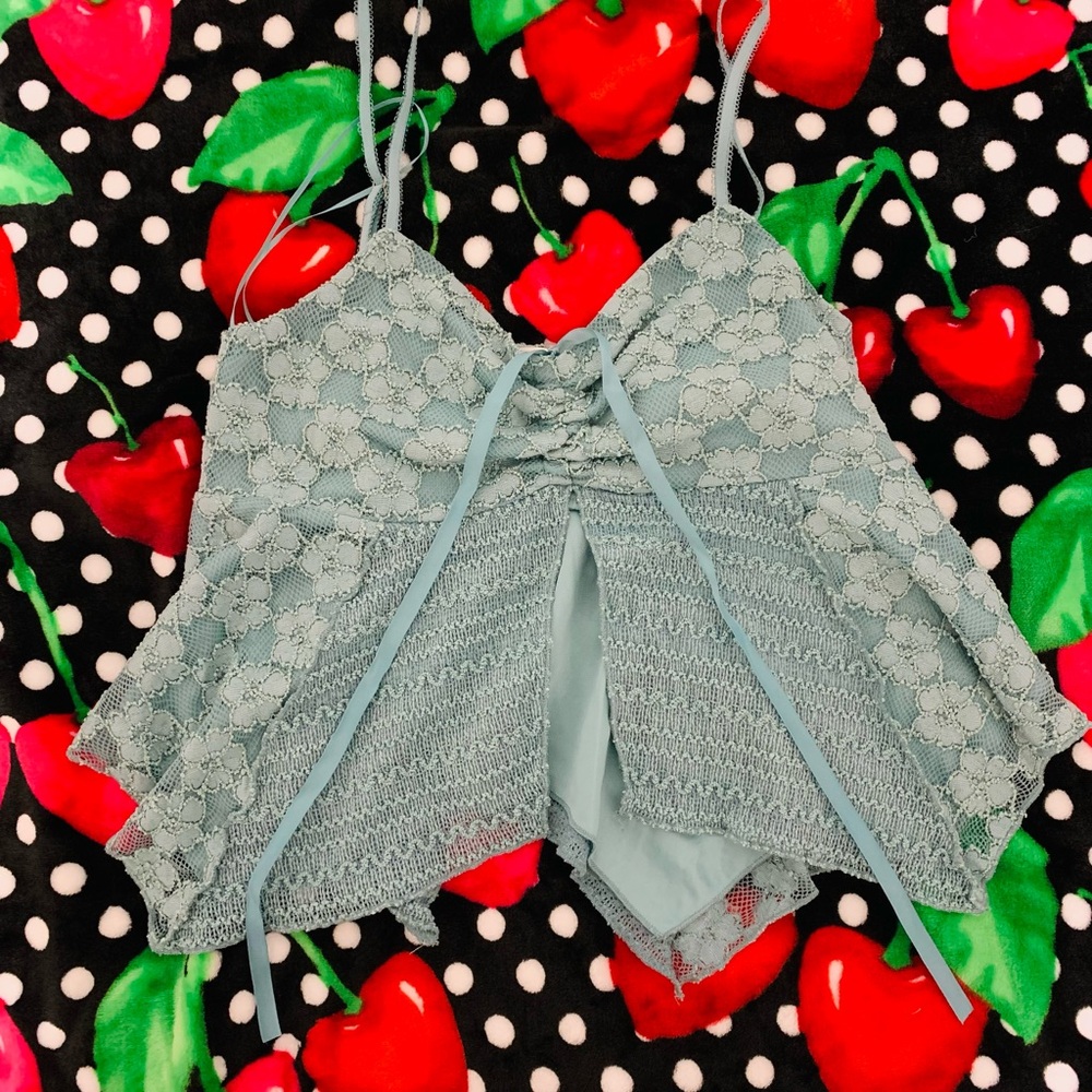 Blue Ruffled Crop Camisole with Tie Front